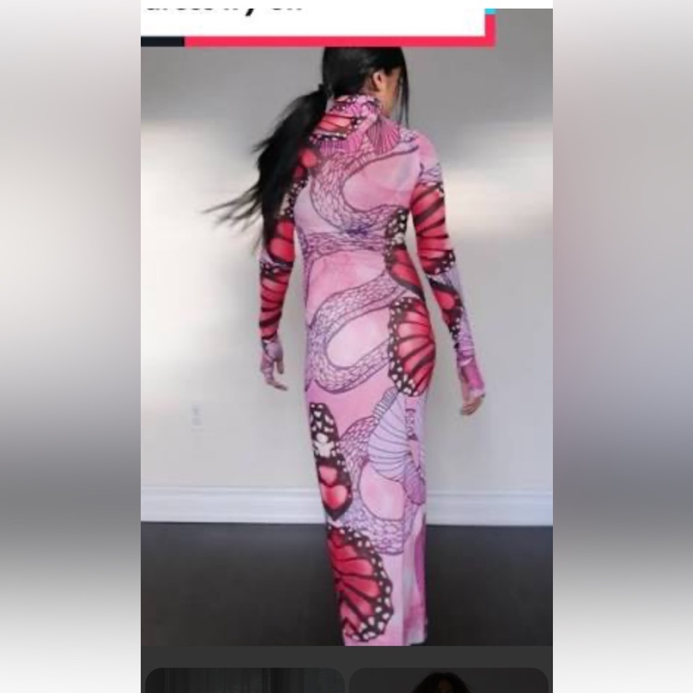 AFRM Pink Butterfly-Print Long Sleeve Maxi Dress